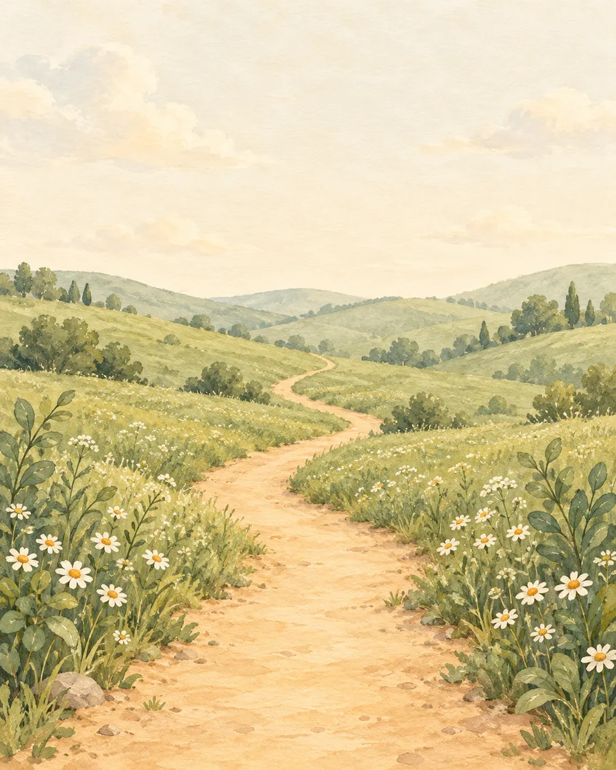 A sandy path winding through a meadow of daisies toward the hills
