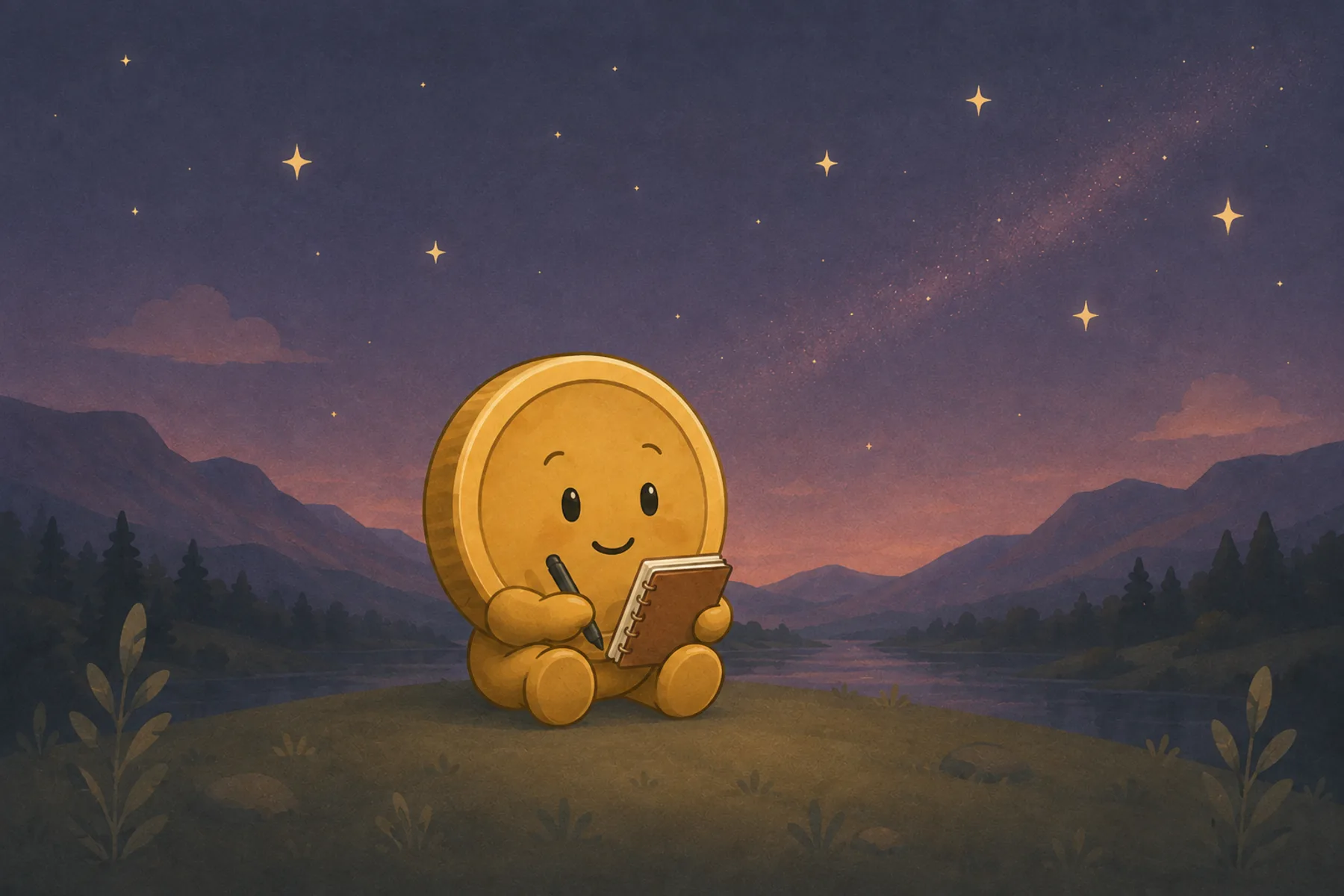 Penni sitting on a hill under the stars, writing in a little notebook