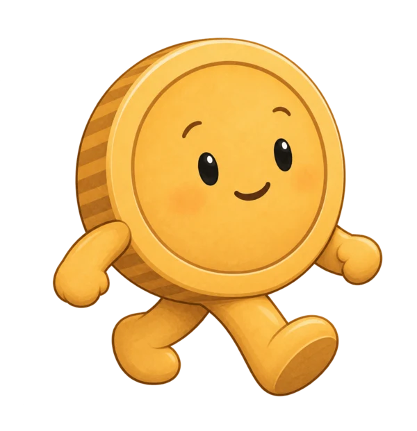 Penni, a small gold coin, walking down the path